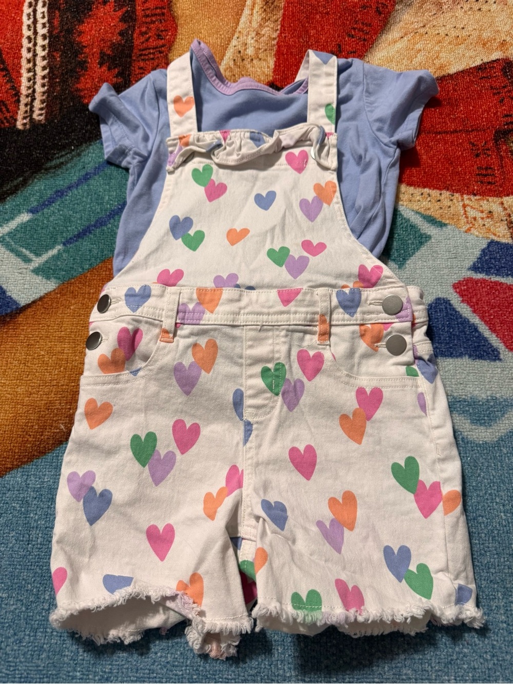 Girls Heart-Print White Denim Short Overalls - Multicolor Hearts